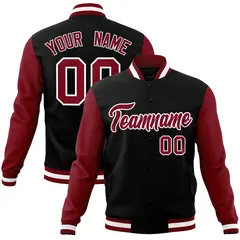 Black Crimson-White Raglan Sleeves Varsity Full-Snap Letterman Jacket