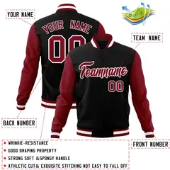 Black Crimson-White Raglan Sleeves Varsity Full-Snap Letterman Jacket 4