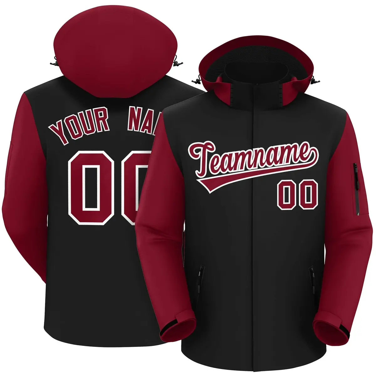 Black Crimson-White Raglan Sleeves Waterproof Jacket