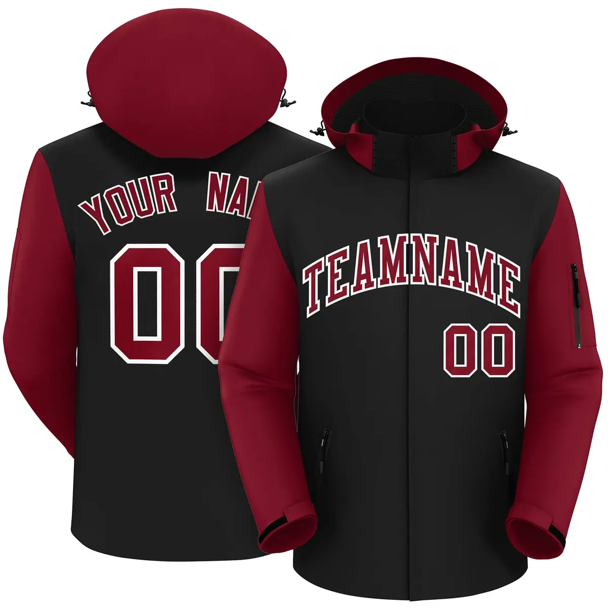 Black Crimson-White Raglan Sleeves Waterproof Jacket