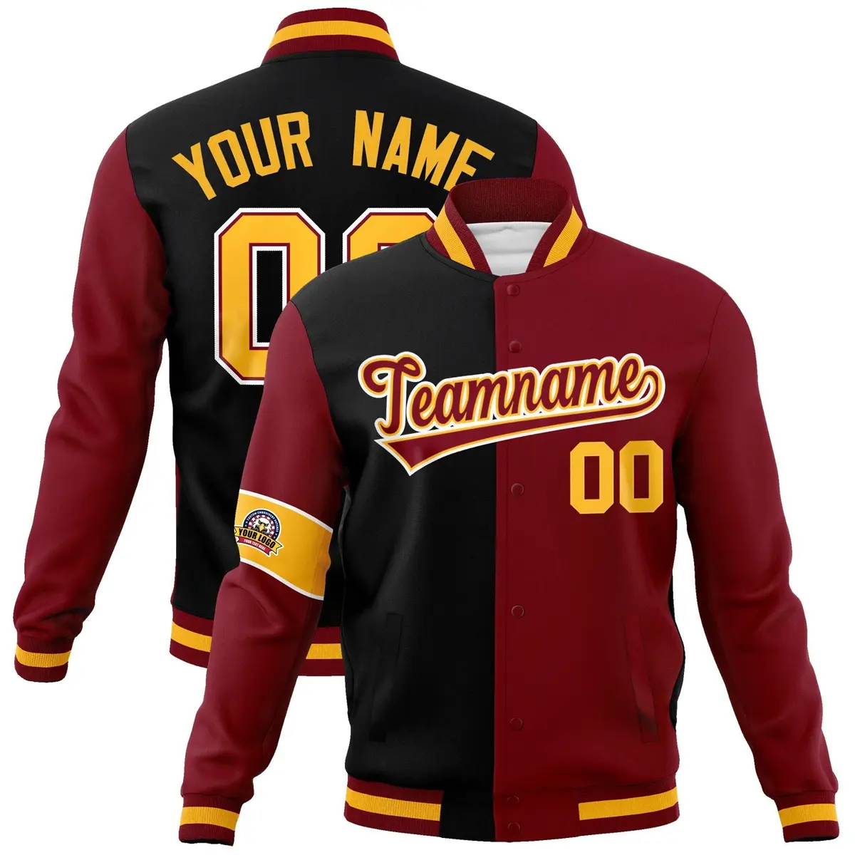 Black Crimson White Two Tone Split Letterman Full-Snap Jacket