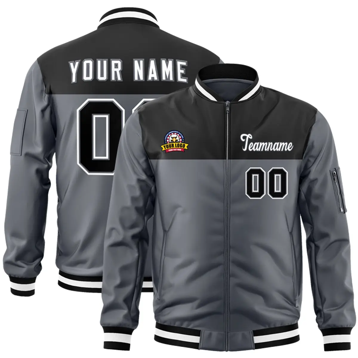 Black Dark Gray Color Block Varsity Letterman Bomber Jacket