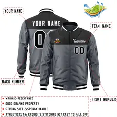 Black Dark Gray Color Block Varsity Letterman Bomber Jacket 2