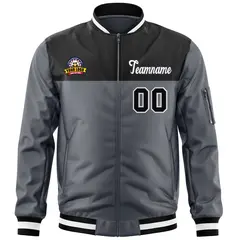 Black Dark Gray Color Block Varsity Letterman Bomber Jacket 3