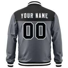 Black Dark Gray Color Block Varsity Letterman Bomber Jacket 4