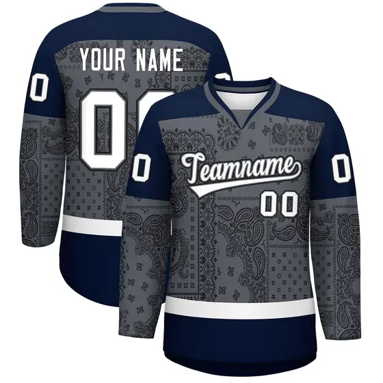 Black Dark Gray White Cashew Flower Graffiti V-Neck Hockey Jersey