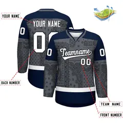 Black Dark Gray White Cashew Flower Graffiti V-Neck Hockey Jersey 2