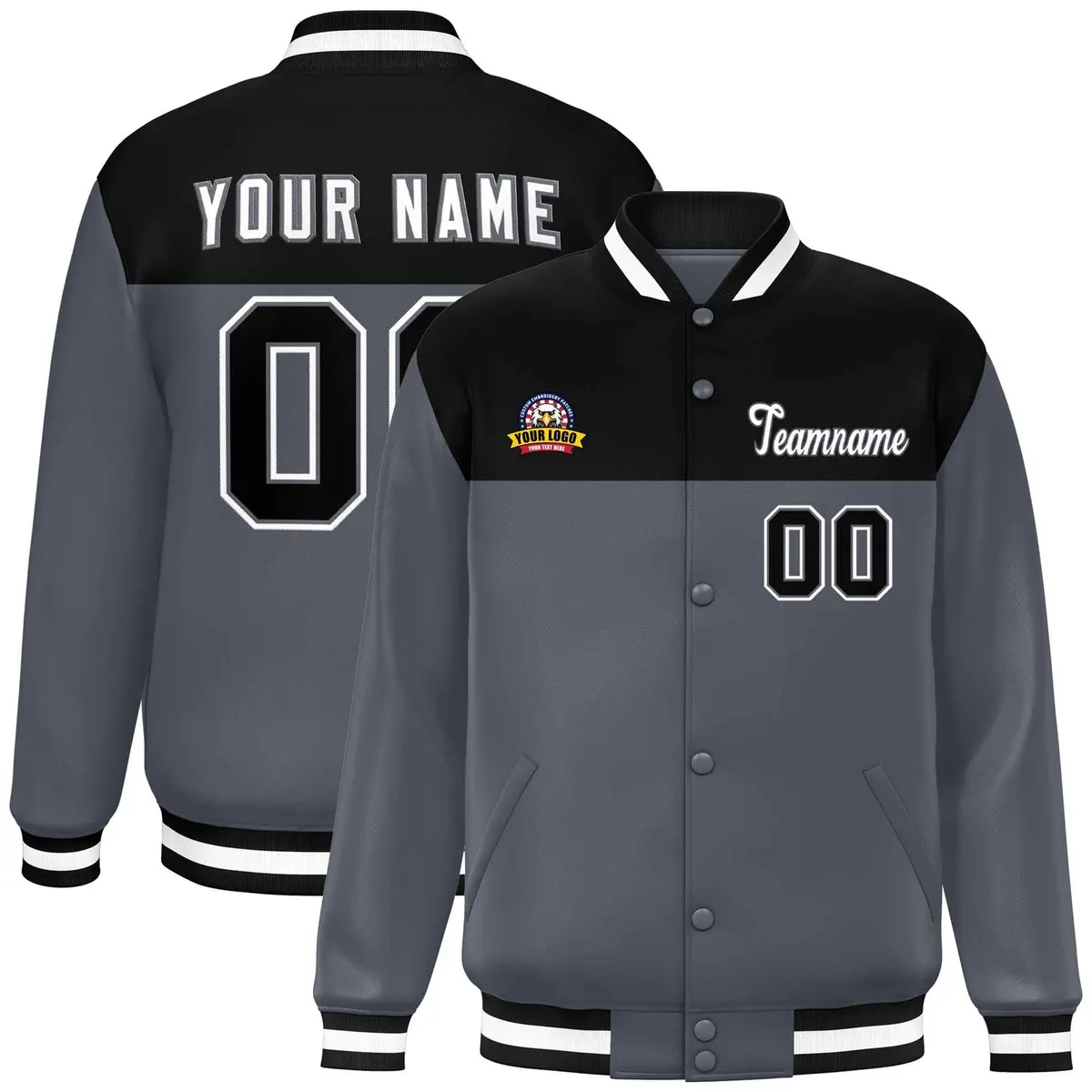 Black Dark Gray White Color Block Full-Snap Varsity Baseball Jacket