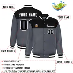 Black Dark Gray White Color Block Full-Snap Varsity Baseball Jacket 2