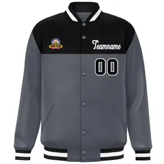 Black Dark Gray White Color Block Full-Snap Varsity Baseball Jacket 3