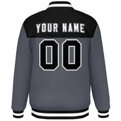 Black Dark Gray White Color Block Full-Snap Varsity Baseball Jacket 4