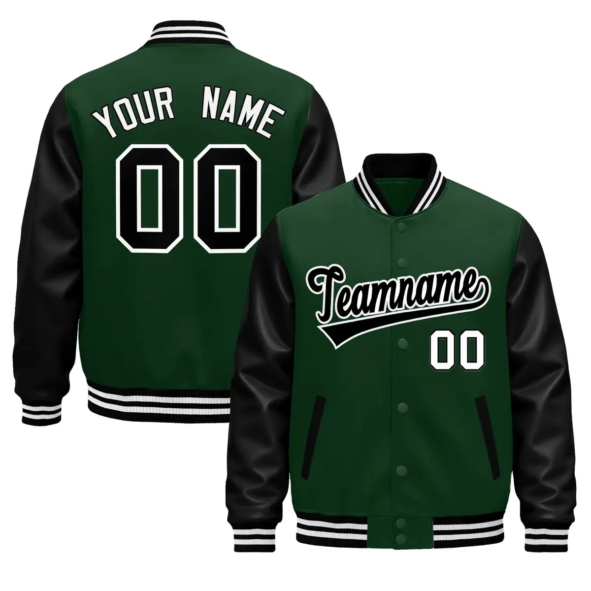 Black Dark Green White Full-Snap Varsity Faux Leather Letterman Jacket