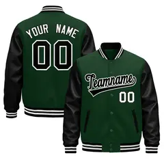 Black Dark Green White Full-Snap Varsity Faux Leather Letterman Jacket 1
