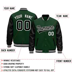 Black Dark Green White Full-Snap Varsity Faux Leather Letterman Jacket 2
