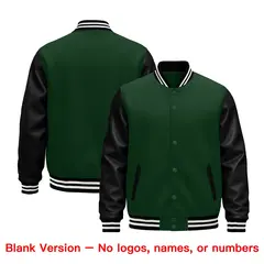 Black Dark Green White Full-Snap Varsity Faux Leather Letterman Jacket 5