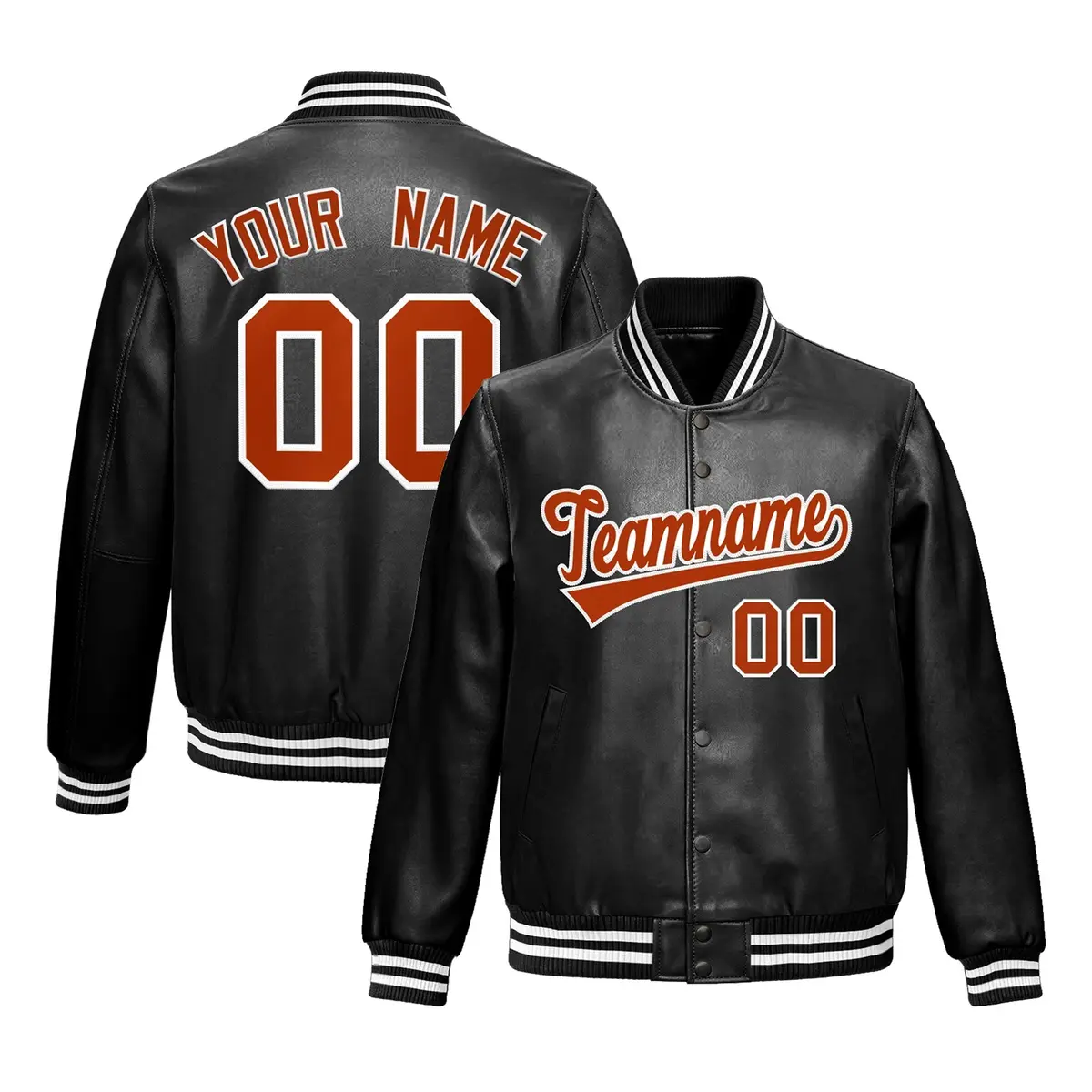 Black Dark Orange White Full-Snap Faux Leather Letterman Jacket