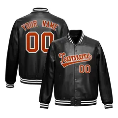 Black Dark Orange White Full-Snap Faux Leather Letterman Jacket 1