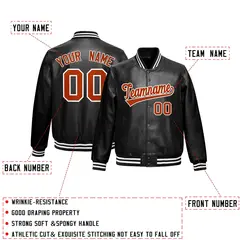 Black Dark Orange White Full-Snap Faux Leather Letterman Jacket 2