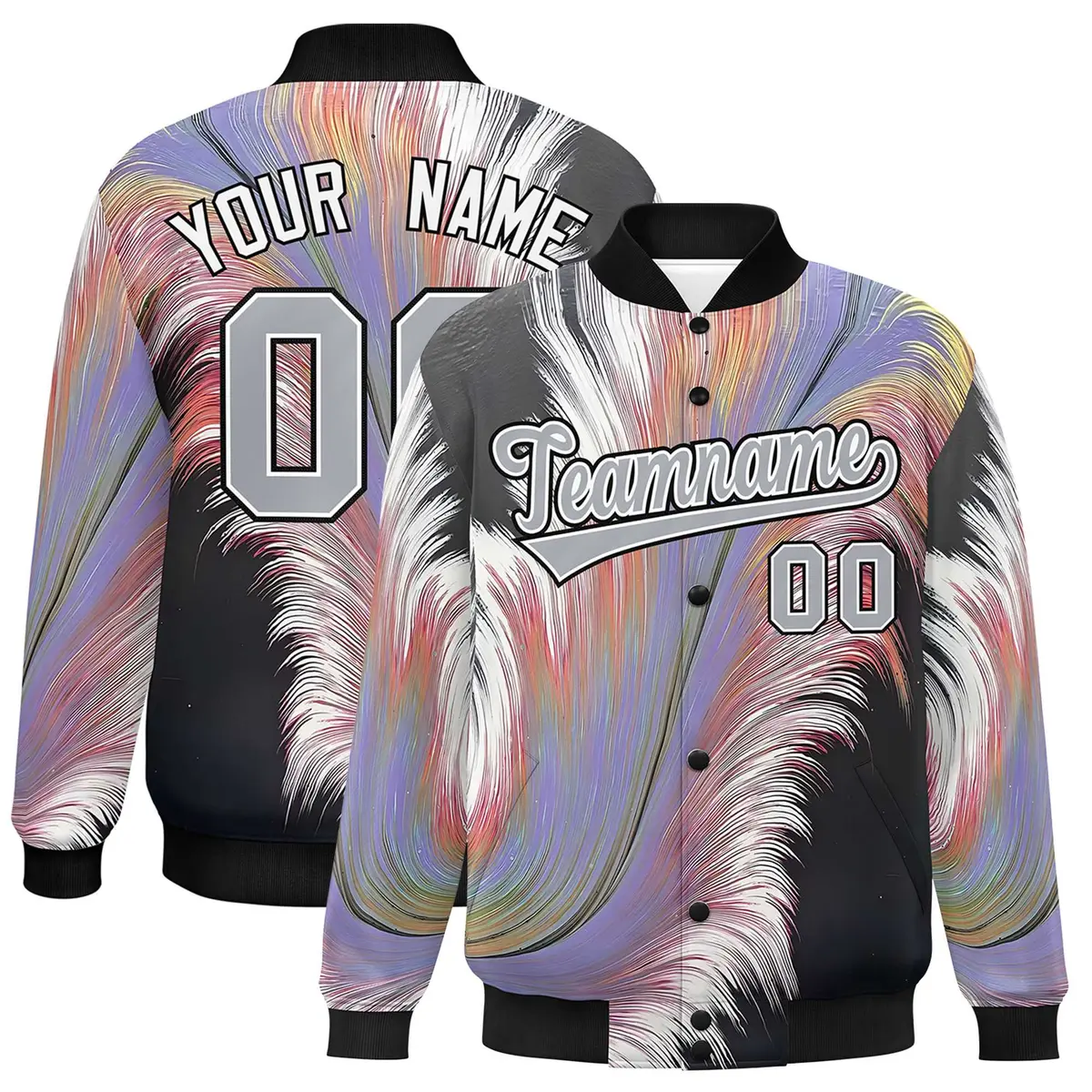 Black Feather Fluid Pattern Varsity Letterman Jacket