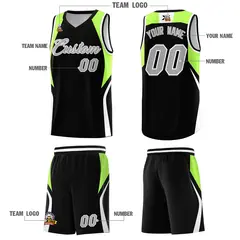 Black Fluorescent Green and White Color Block Basketball Jersey 5