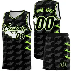 Black Fluorescent Green Bat Pattern Halloween Basketball Jersey