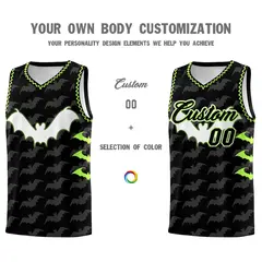 Black Fluorescent Green Bat Pattern Halloween Basketball Jersey 3