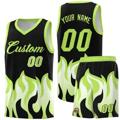 Black Fluorescent Green Flame Hem Fashion Basketball Jersey 1