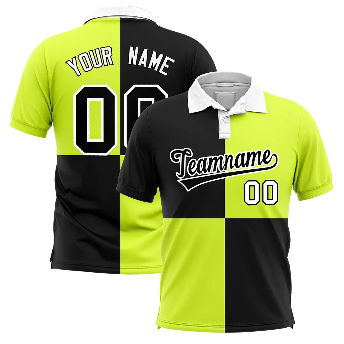 Black Fluorescent Green Four Squares Performance Polo Shirt