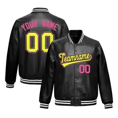Black Fluorescent Green Full-Snap Faux Leather Letterman Jacket 1