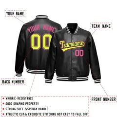 Black Fluorescent Green Full-Snap Faux Leather Letterman Jacket 2