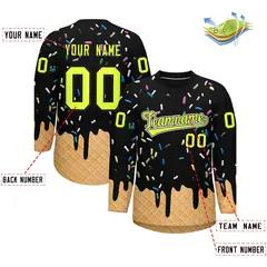 Black Fluorescent Green Ice Cream Pattern V-Neck Hockey Jersey 2