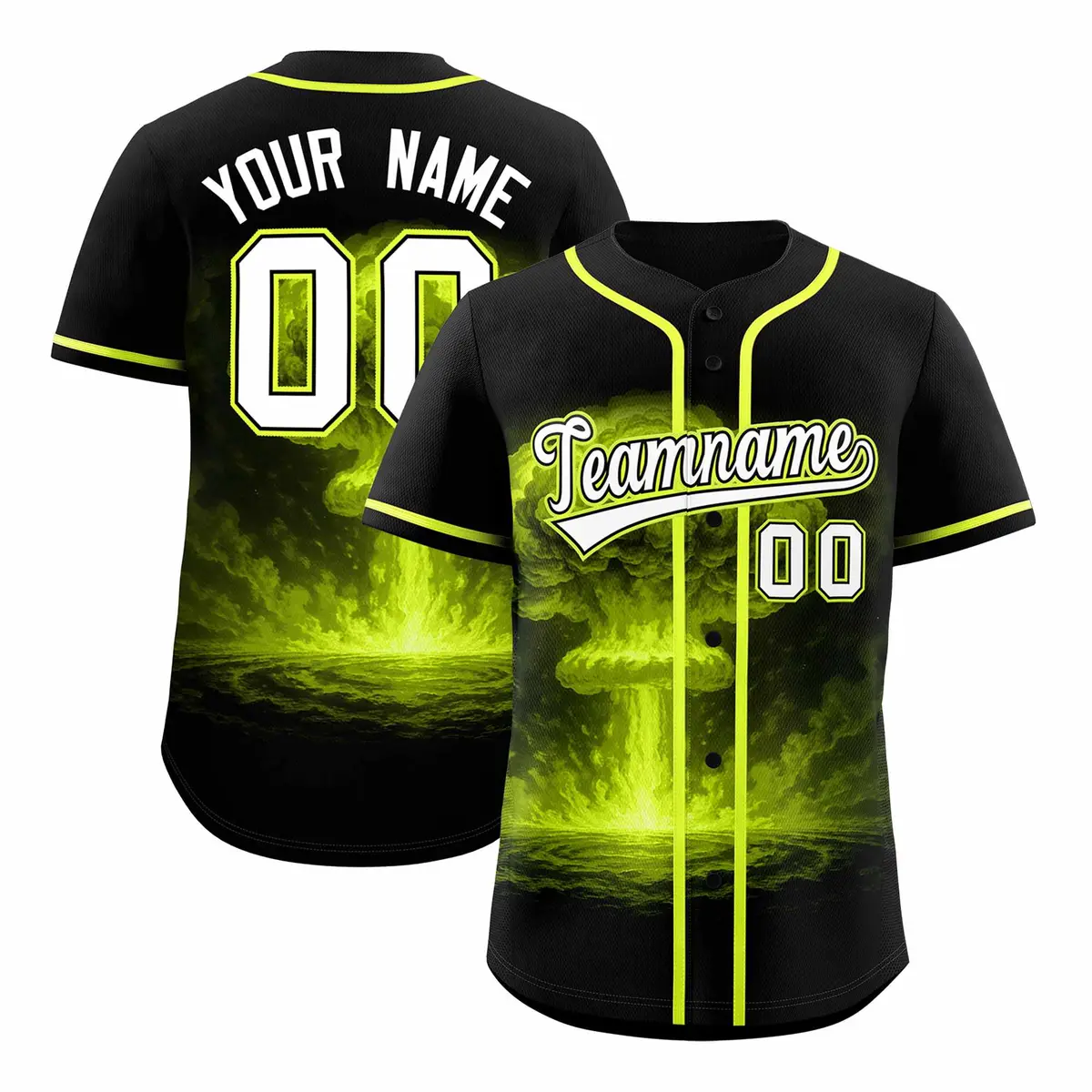 Black Fluorescent Green Nuclear Blast Graffiti Full Button Baseball Jersey