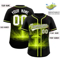 Black Fluorescent Green Nuclear Blast Graffiti Full Button Baseball Jersey 2