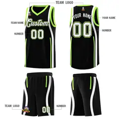 Black Fluorescent Green-White Ribbon Pattern Basketball Kits 5