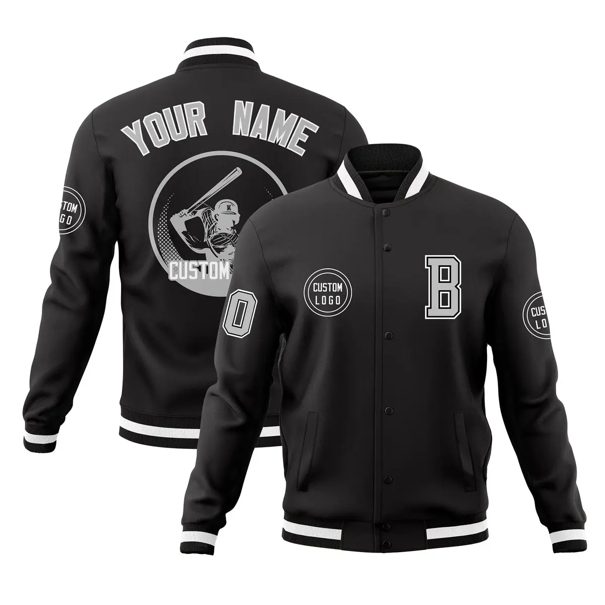 Black Full-Snap Varsity Letterman Baseball Coats Jacket