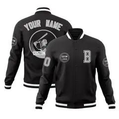 Black Full-Snap Varsity Letterman Baseball Coats Jacket