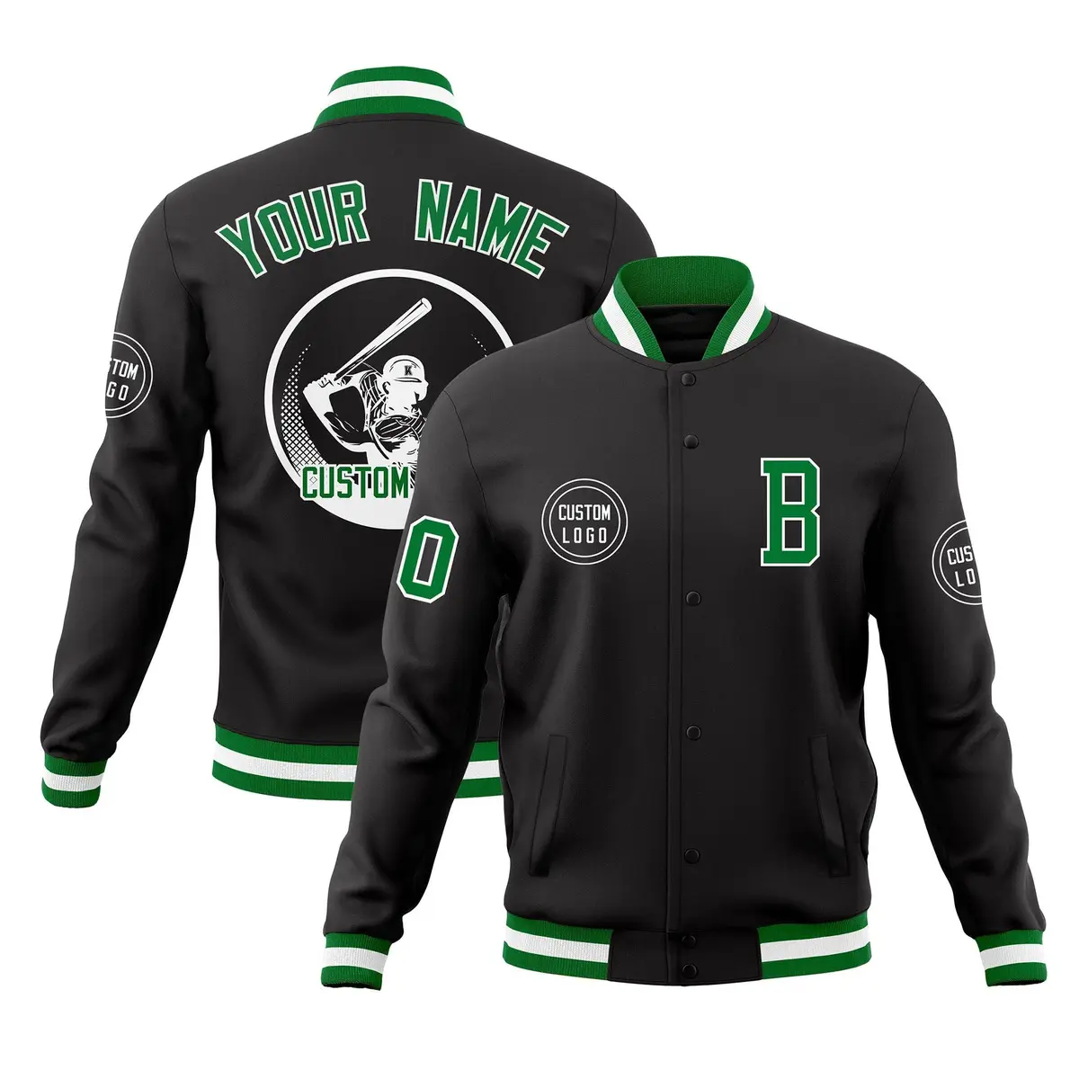 Black Full-Snap Varsity Letterman Baseball Coats Jacket