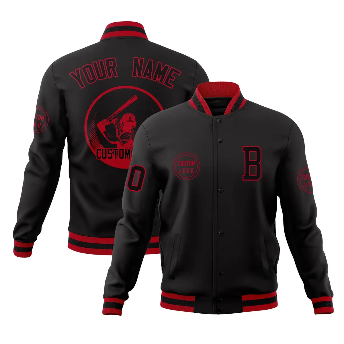 Black Full-Snap Varsity Letterman Baseball Coats Jacket