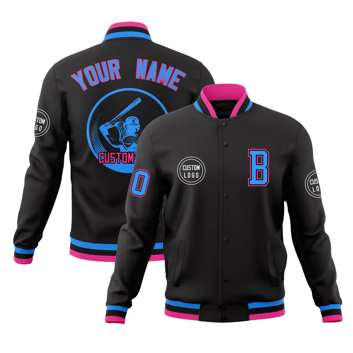Black Full-Snap Varsity Letterman Baseball Coats Jacket