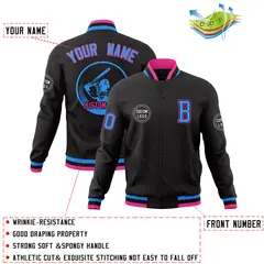 Black Full-Snap Varsity Letterman Baseball Coats Jacket 4