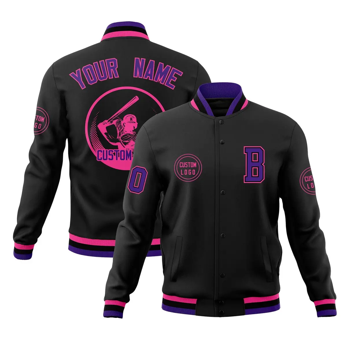 Black Full-Snap Varsity Letterman Baseball Coats Jacket