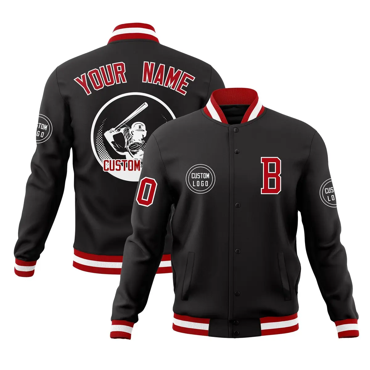 Black Full-Snap Varsity Letterman Baseball Coats Jacket