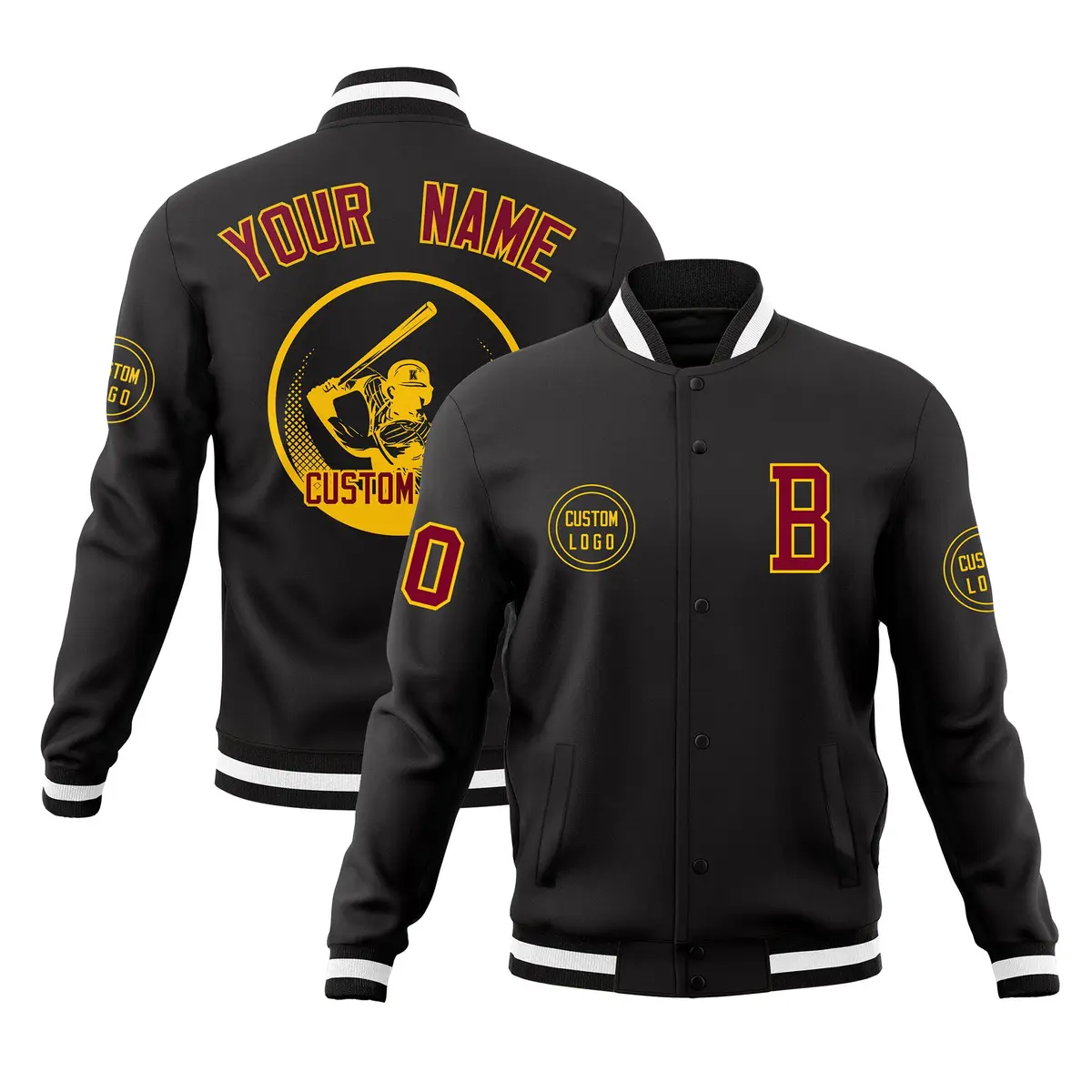 Black Full-Snap Varsity Letterman Baseball Coats Jacket