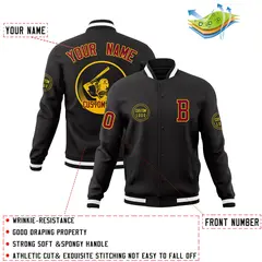 Black Full-Snap Varsity Letterman Baseball Coats Jacket 4