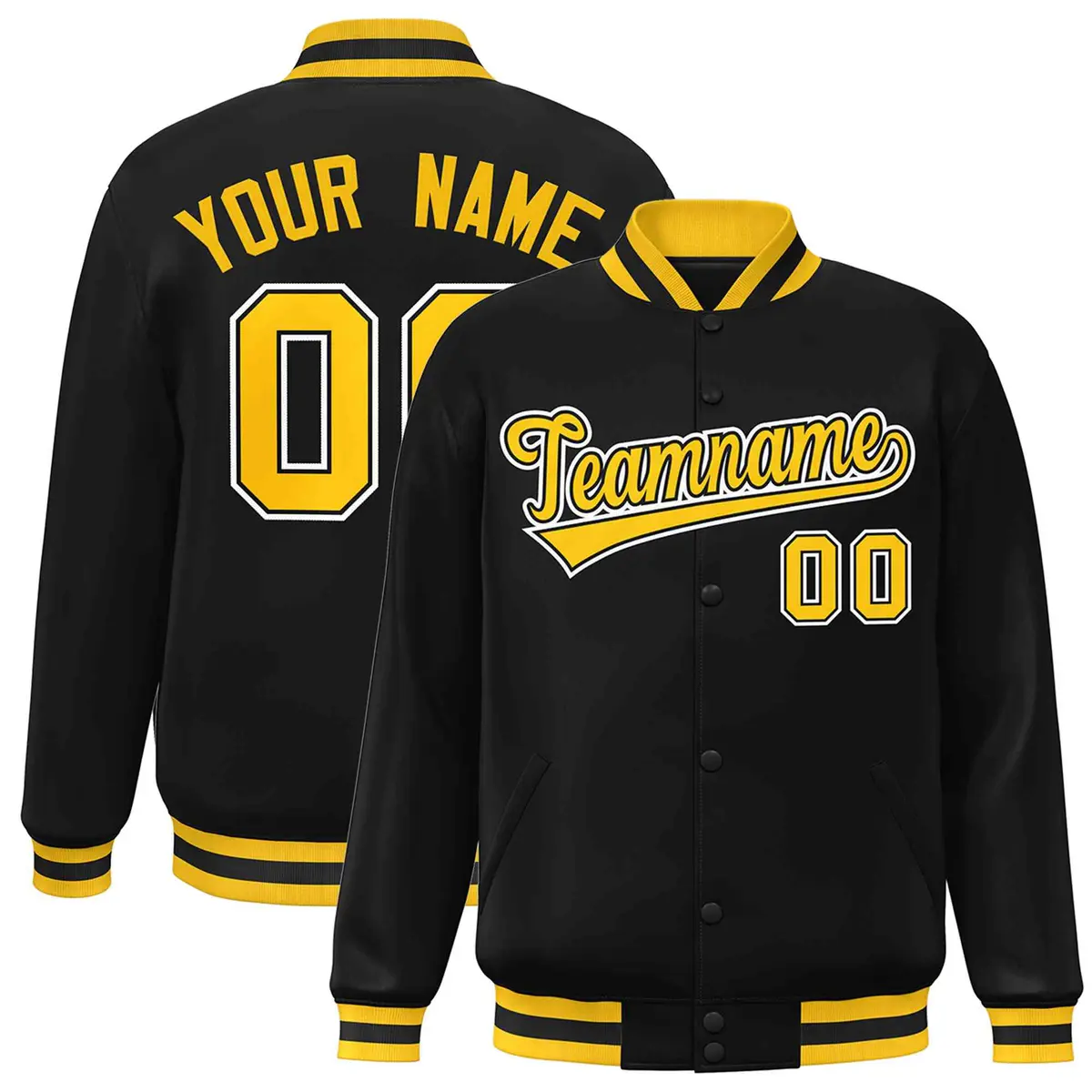 Black Gold-Black Classic Varsity Full-Snap Letterman Jacket