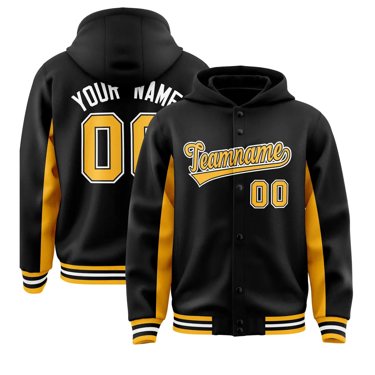 Black Gold Color Block Varsity Full-Snap Letterman Jacket Hoodie