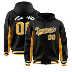 Black Gold Color Block Varsity Full-Snap Letterman Jacket Hoodie