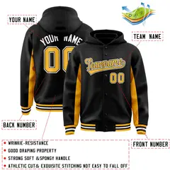 Black Gold Color Block Varsity Full-Snap Letterman Jacket Hoodie 4