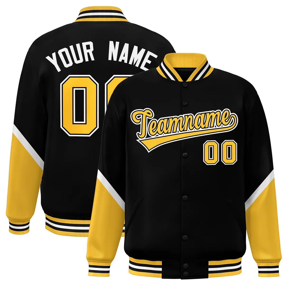 Black Gold Color Block Varsity Letterman Baseball Jacket