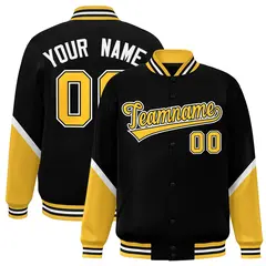 Black Gold Color Block Varsity Letterman Baseball Jacket 1